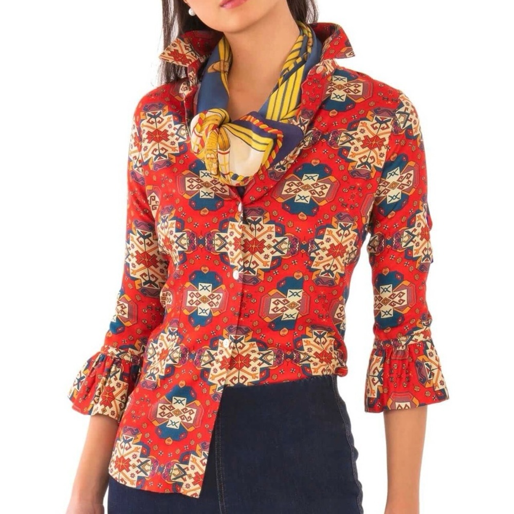 Gretchen Scott Priss Blouse Ruffled Sleeve Turkey Trot Size X-Small